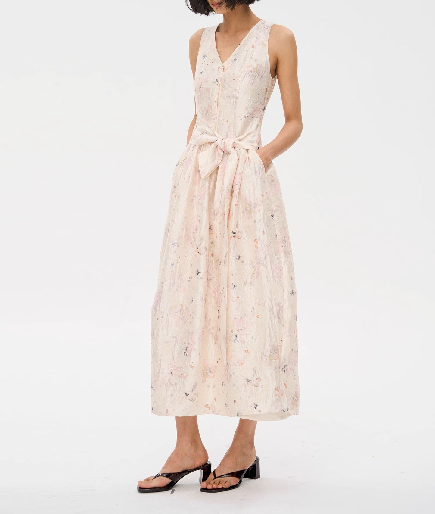 Cream floral v neck lace up dress