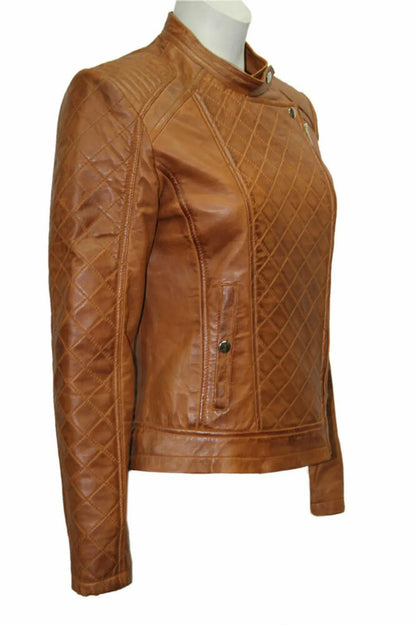 Brown Leather Jacket Women Slim Fit Quilted Biker