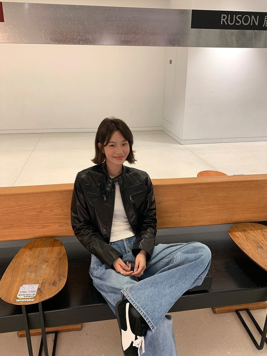 Black Cropped Leather Jacket Women