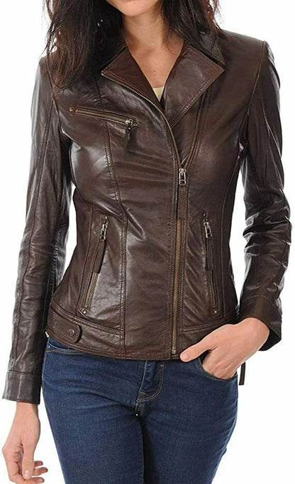 Womens Genuine Leather Slim Fit Jacket Brown Biker Jacket