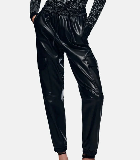 women genuine leather pants slim fit elastic waist black jogger