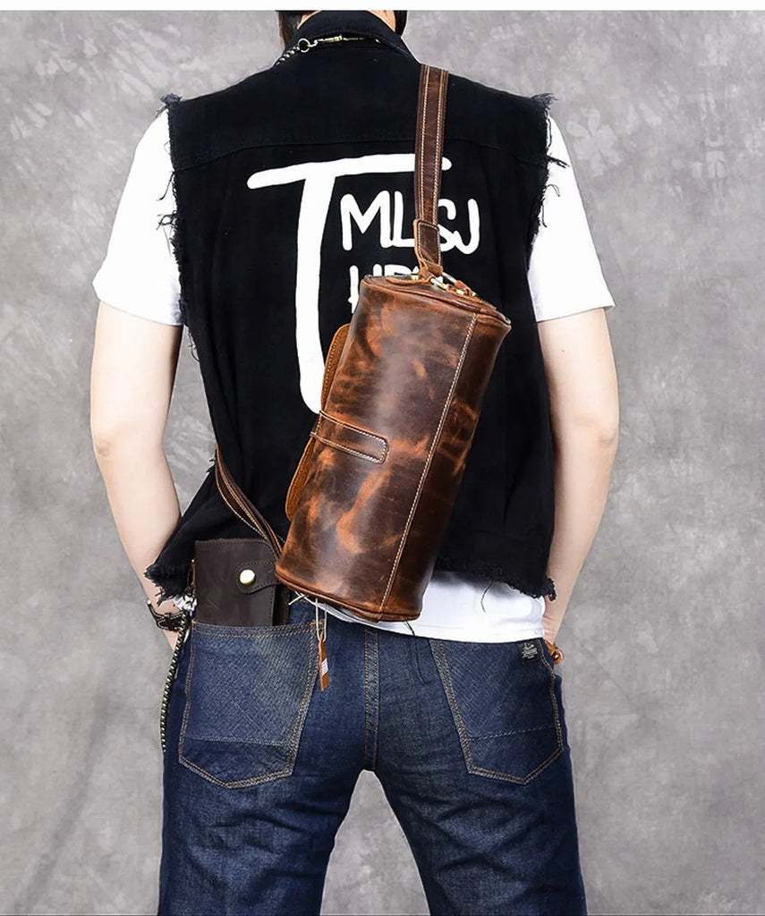 Small Barrel Duffel Bag in Brown Genuine Leather for Men