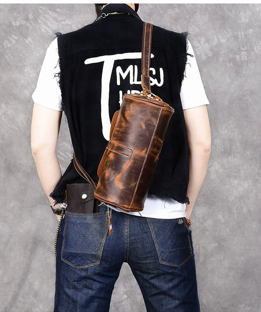 Small Barrel Duffel Bag in Brown Genuine Leather for Men