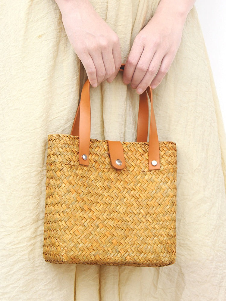 Nordic mini woven straw tote with leather handles