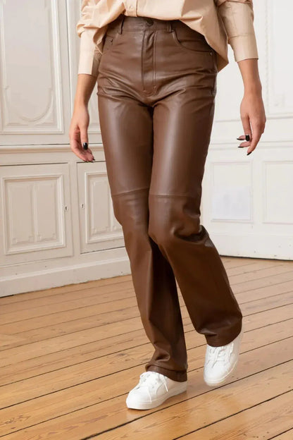women genuine leather pants brown high waist slim fit lambskin