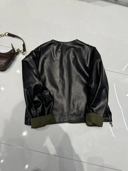 women leather jacket with round neck snap buttons