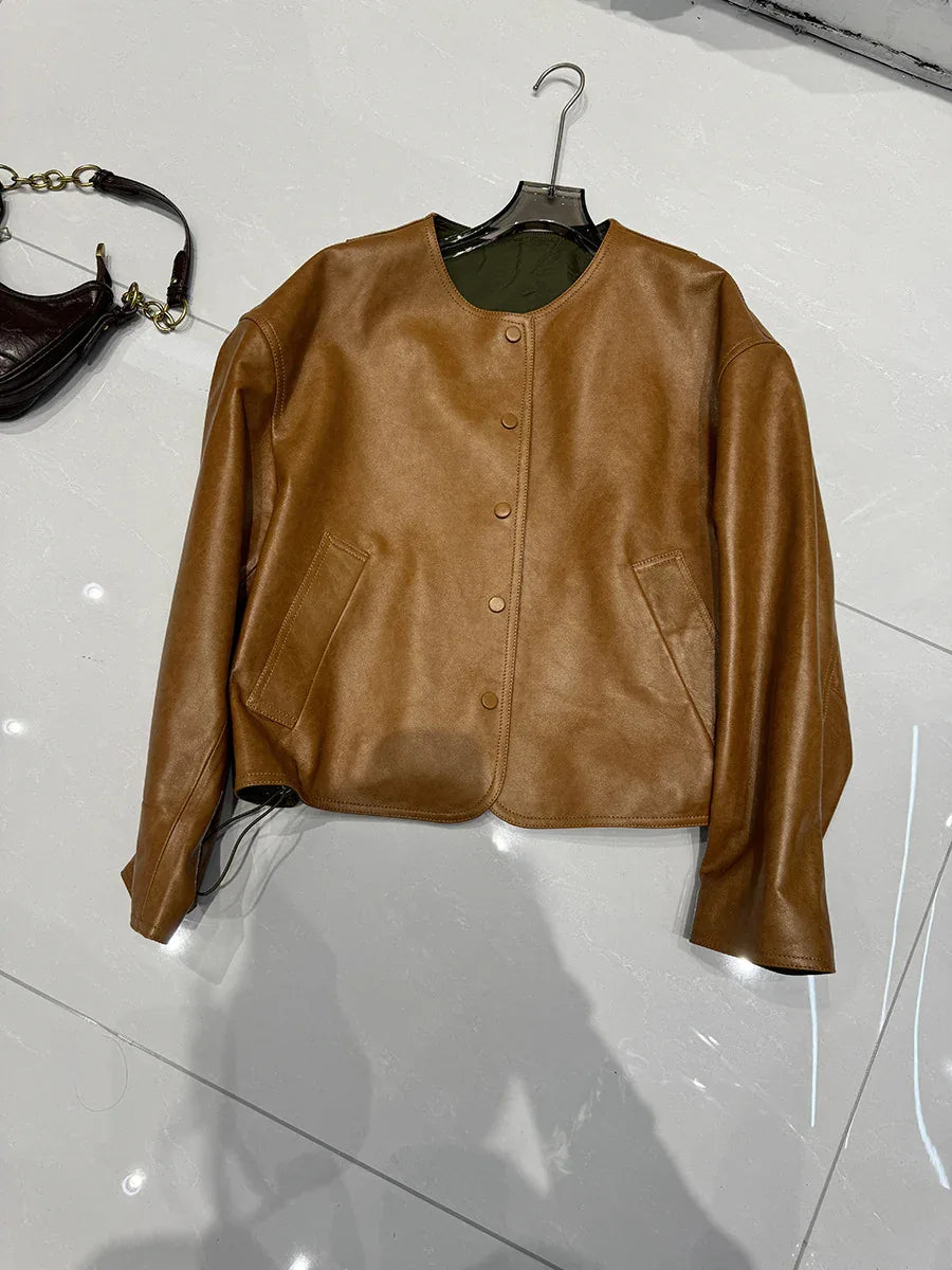 women leather jacket with round neck snap buttons