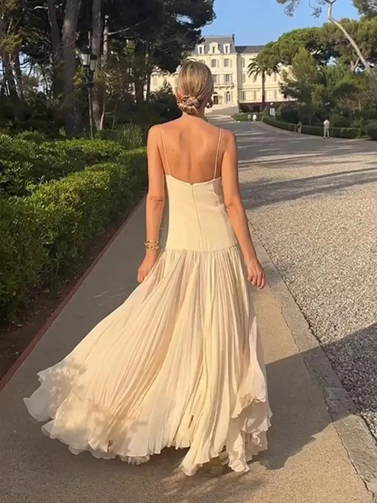 Ivory backless pleated maxi dress