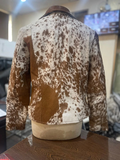 Brown White Cowhide Jacket Womens Hair On Hide Leather Jacket