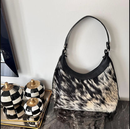 Cowhide shoulder bag black white western purse
