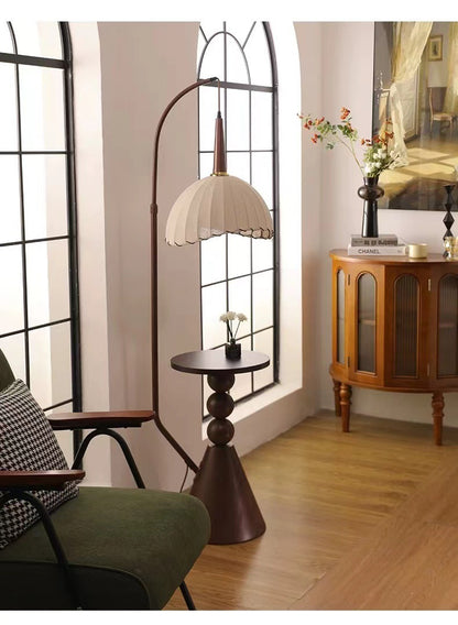 retro wood floor lamp with side shelf lighting