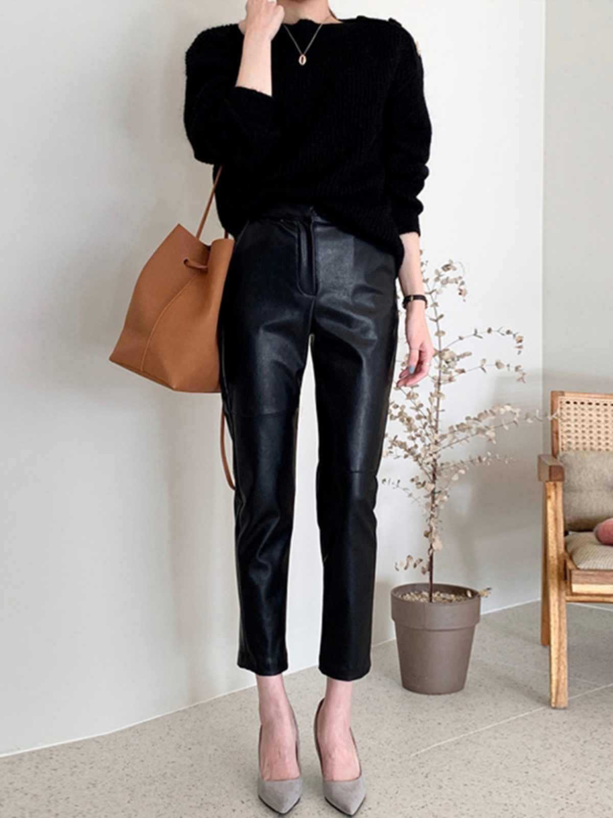 Black high waist cropped faux leather pants women