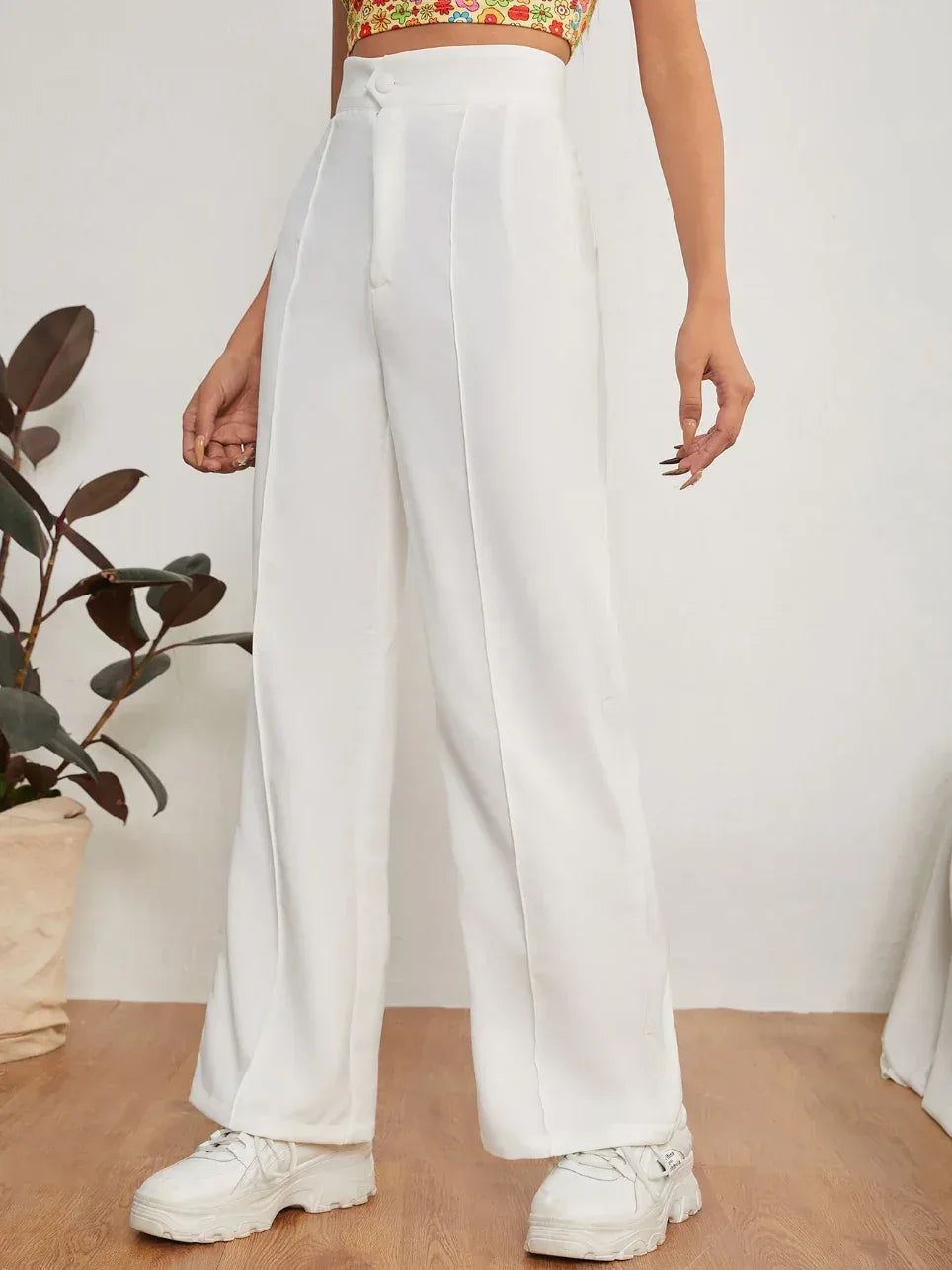 White Pleated Pants Women Loose Fit Breathable Everyday Wear