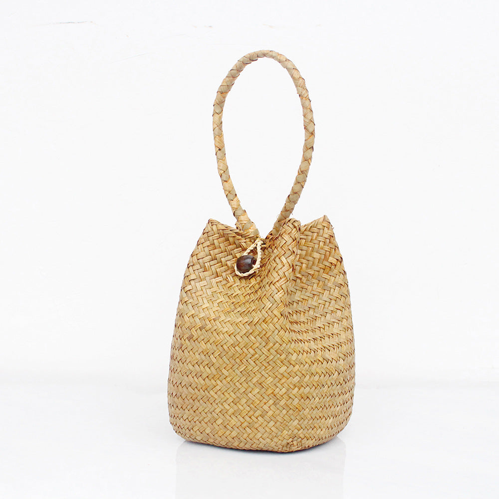 Straw bucket handbag with scarf handle for beach summer