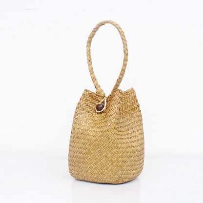 Straw bucket handbag with scarf handle for beach summer
