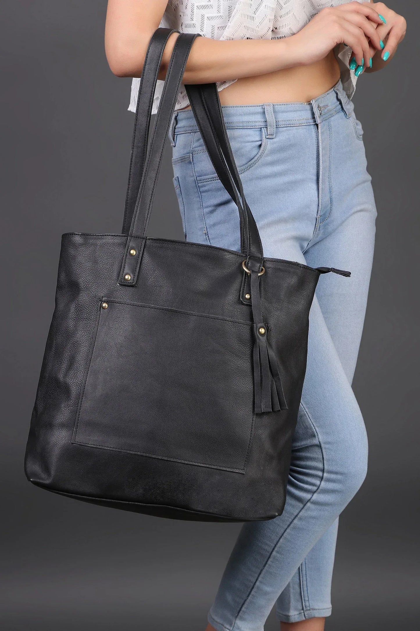 Leather Tote Bag With Pockets Work Tote For Women
