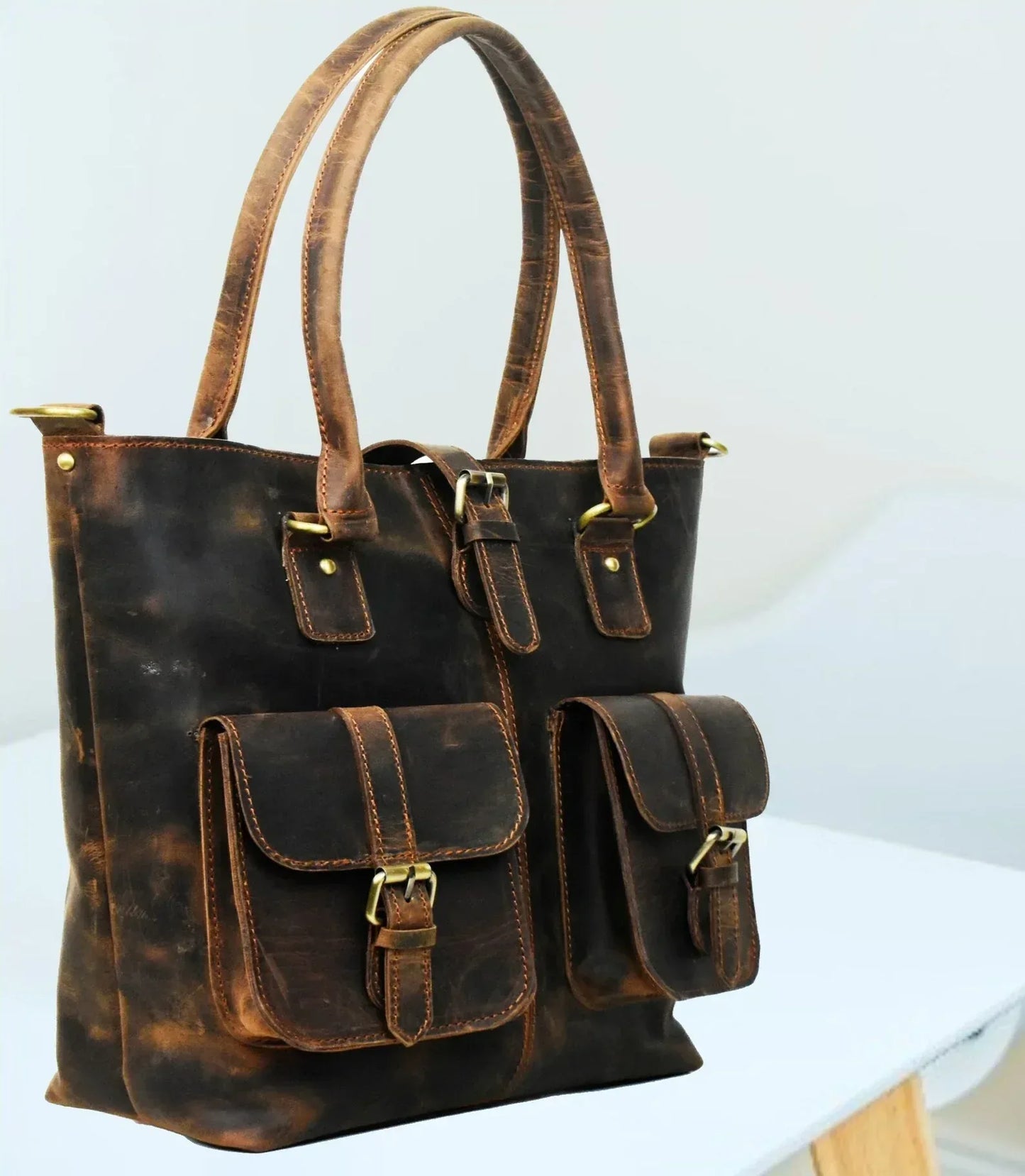 Leather Tote With Compartments For Women Large Organizer Bag