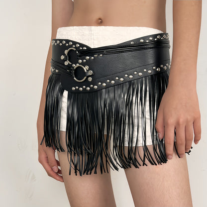Women black fringe belt skirt high waist studded faux leather wrap 2