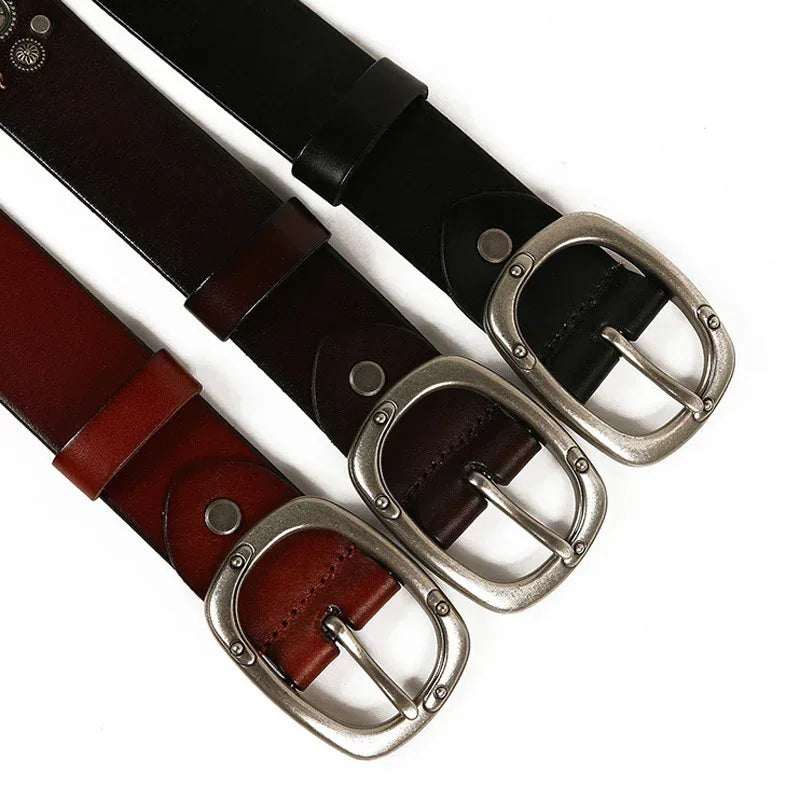 Studded Leather Belt with Skull and Bee Rivets
