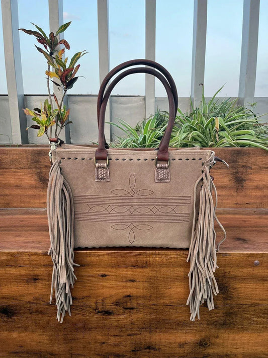 Suede Leather Tote for Women with Fringe Detailing