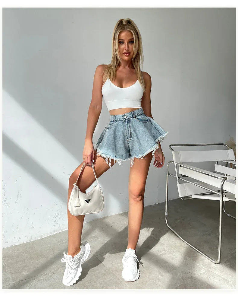 Boho Denim Mini Skirt High Waist Light Wash
