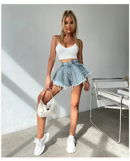 Boho Denim Mini Skirt High Waist Light Wash