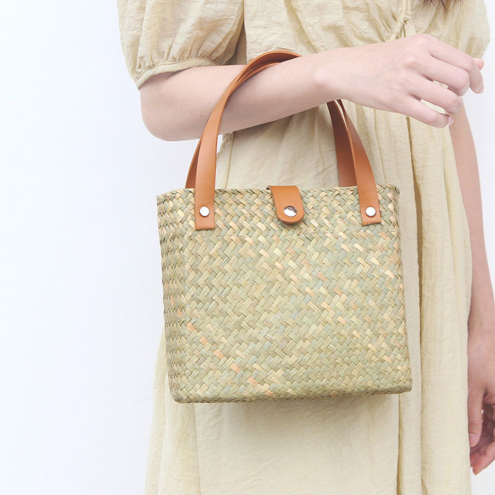 Nordic mini woven straw tote with leather handles