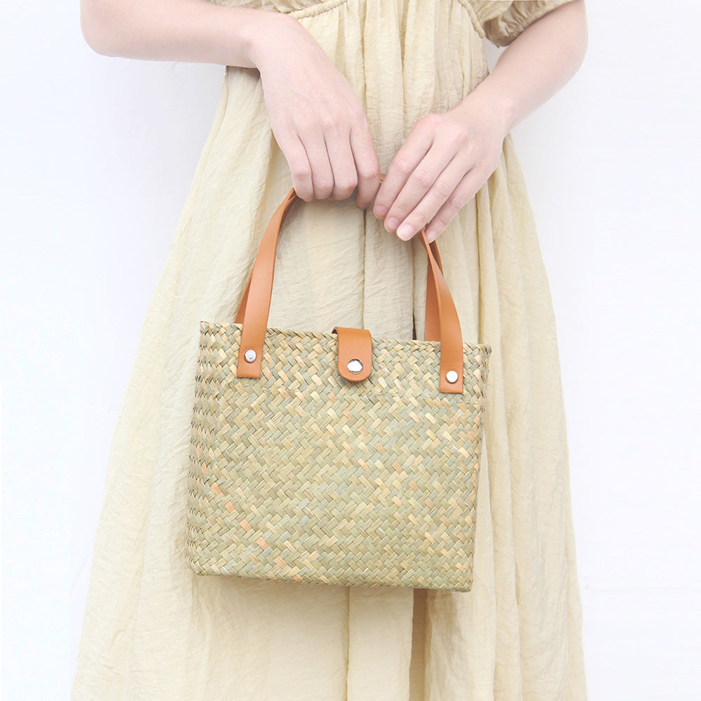 Nordic mini woven straw tote with leather handles