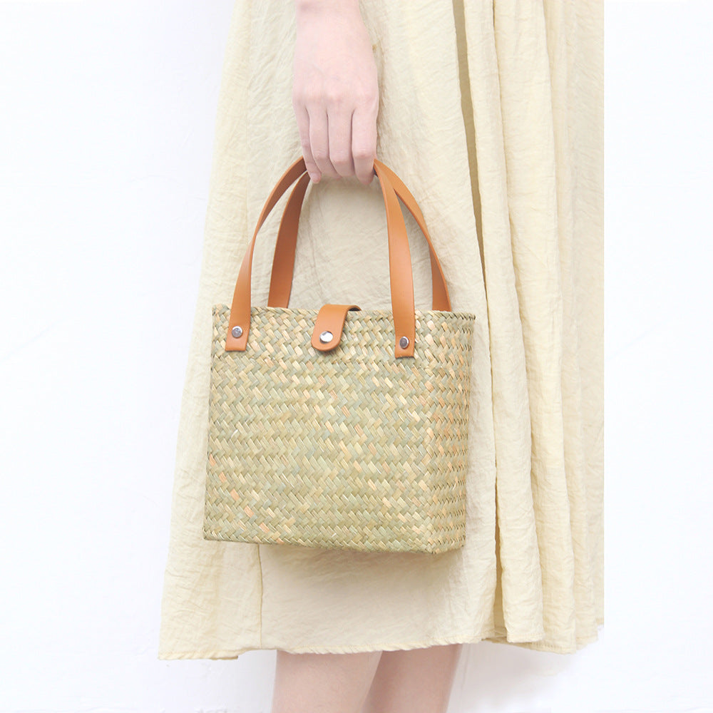 Nordic mini woven straw tote with leather handles