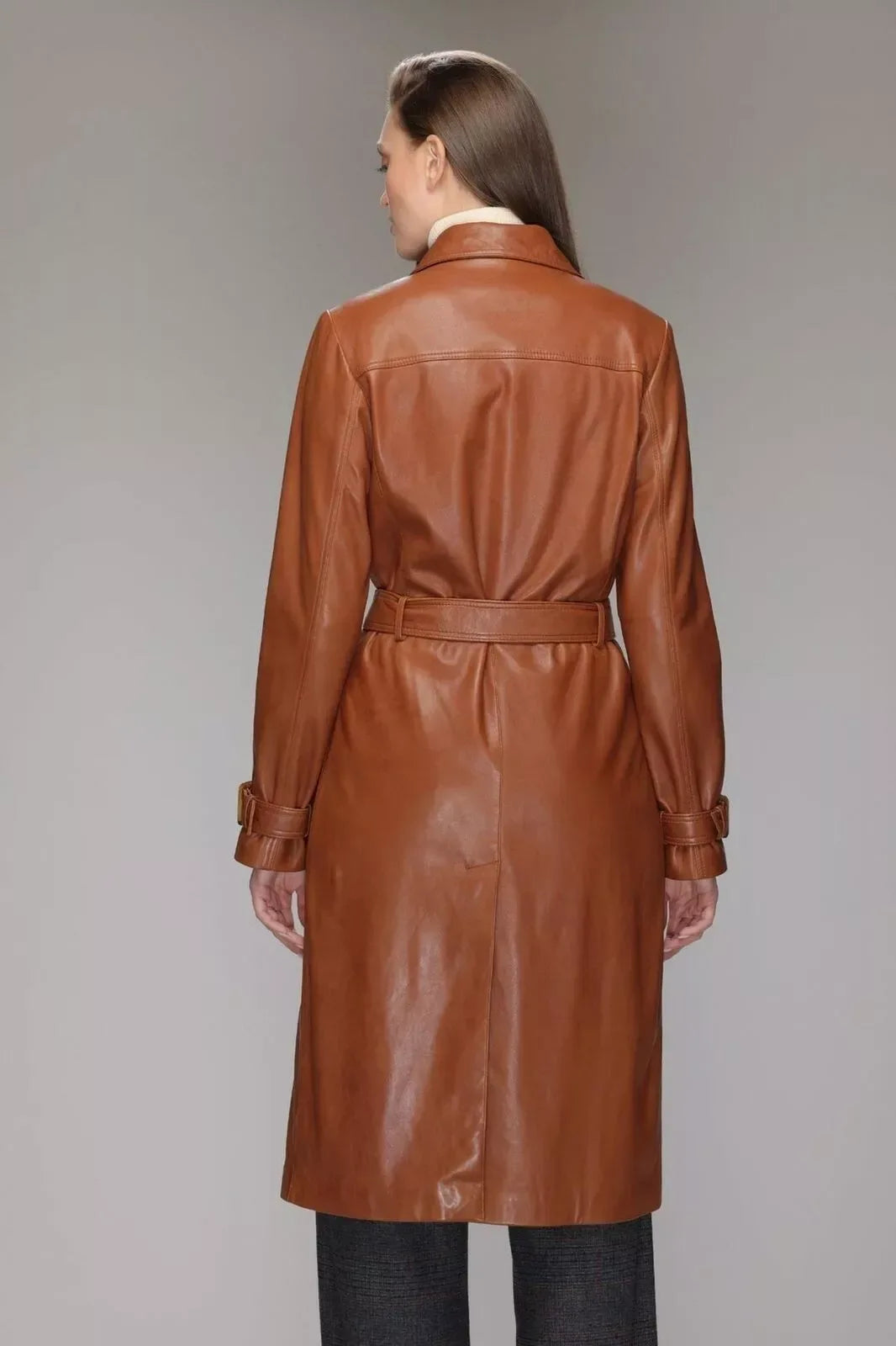 Tan Leather Trench Coat Womens Long Belted Double Breasted
