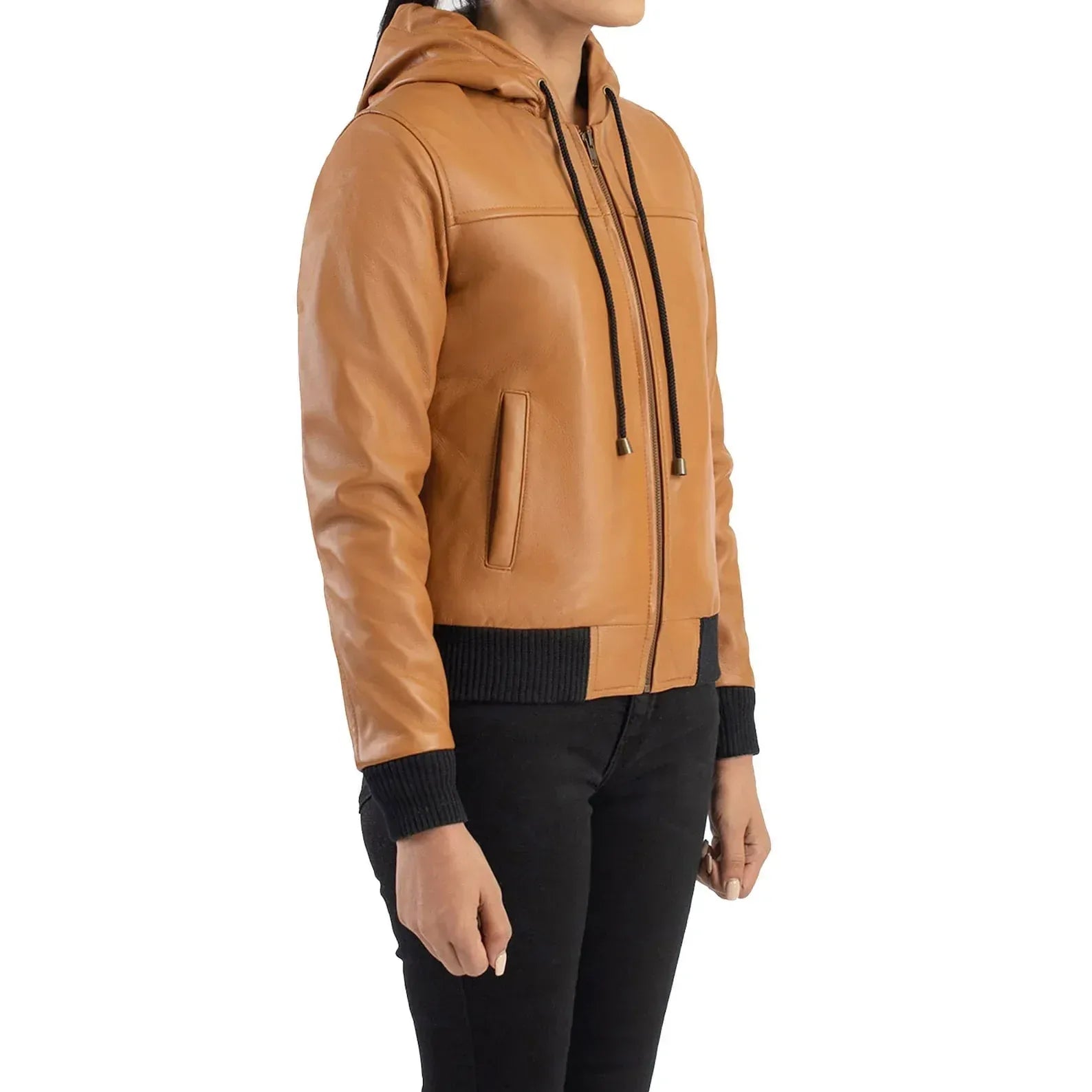 Tan Leather Hooded Jacket for Women Bomber Style