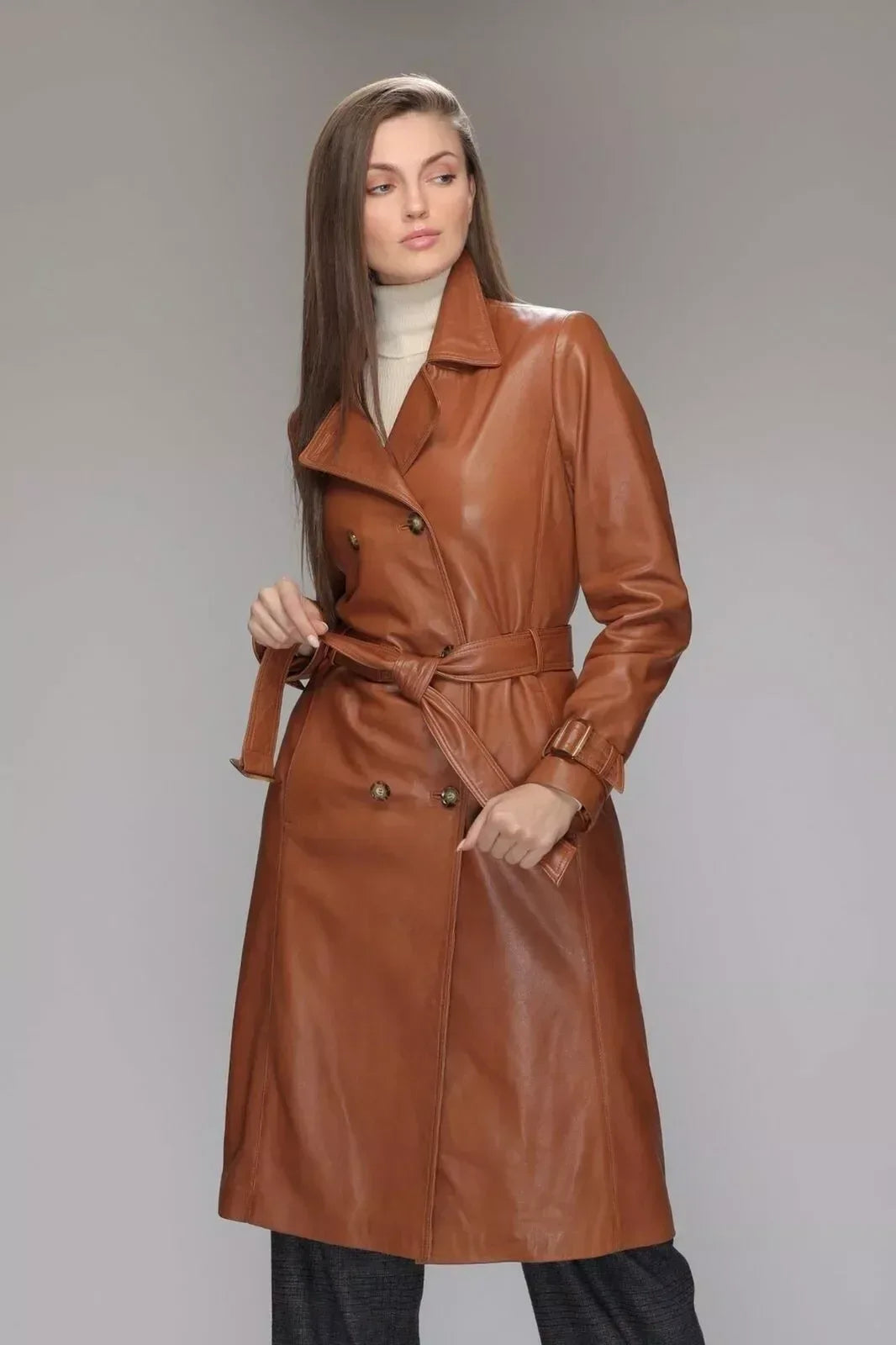 Tan Leather Trench Coat Womens Long Belted Double Breasted