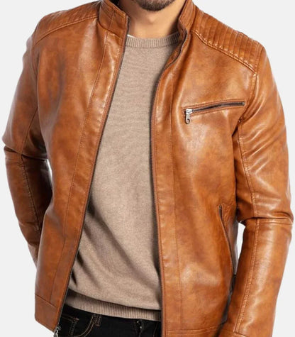 Mens Brown Leather Jacket Tan Coat Stand Collar