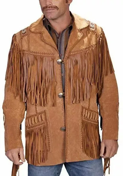 Mens Western Fringe Jacket Tan Suede Cowboy Style