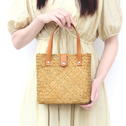 Nordic mini woven straw tote with leather handles