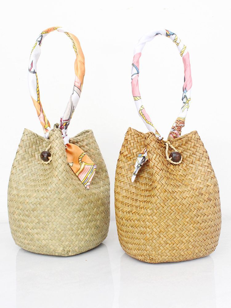 Straw bucket handbag with scarf handle for beach summer Light