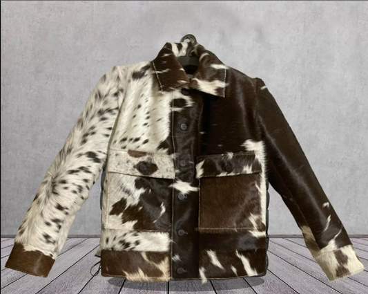Real cowhide jacket in black, brown, and white tricolor pattern with hair-on-hide finish. Each cow print jacket features natural texture and authentic Western look.