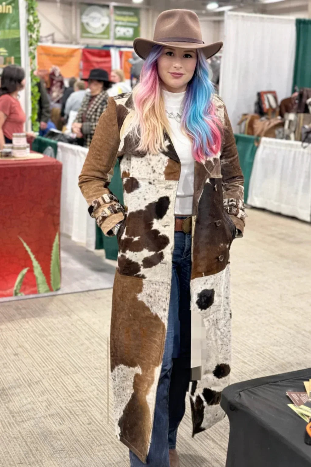 Women cowhide jacket tricolor hair on trench coat