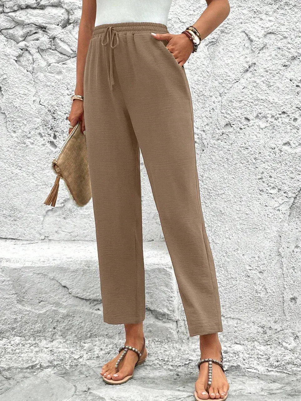 Women Tie Waist Leg Trousers