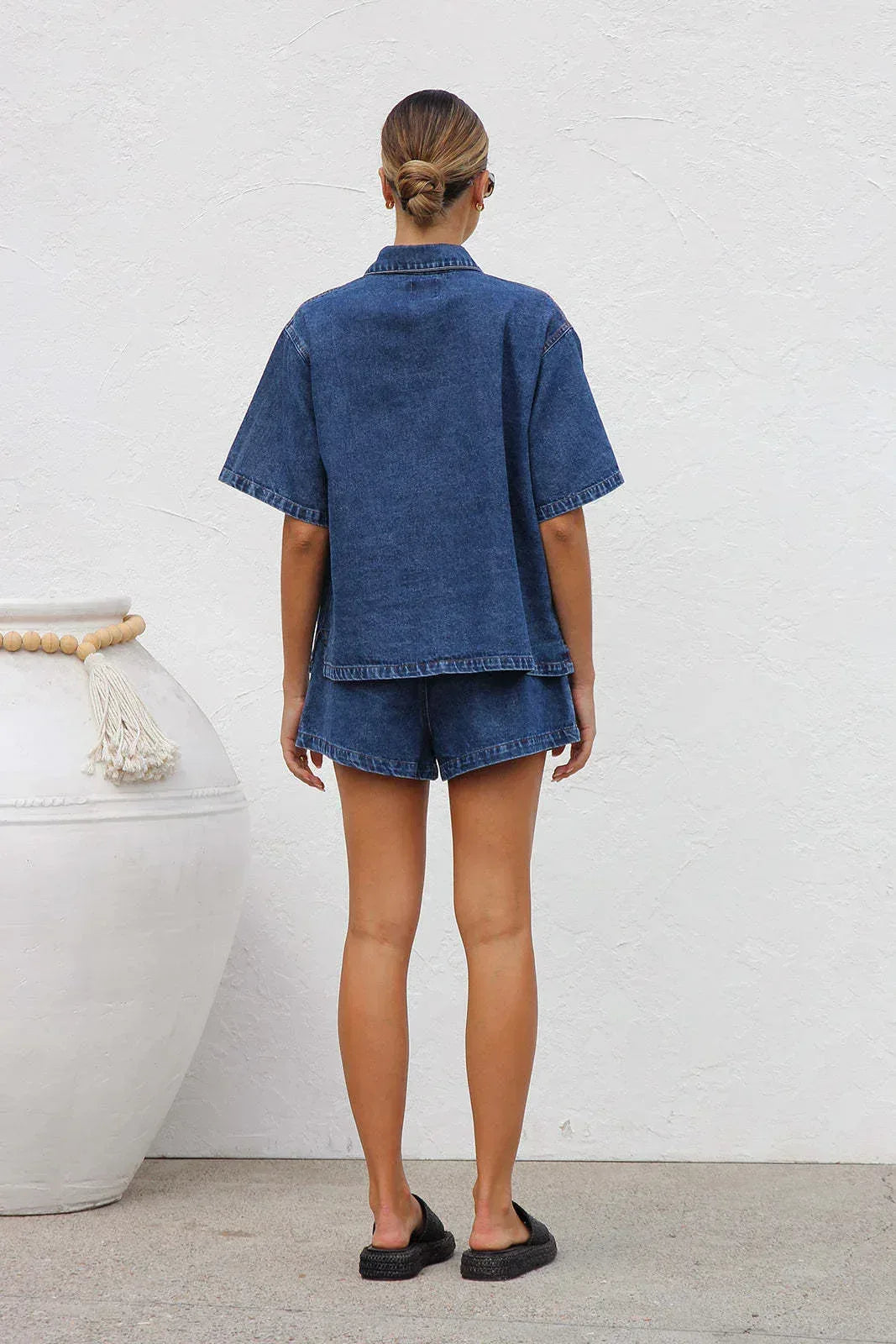 Women’s Denim Two Piece Short Sleeve Shirt and Shorts Set