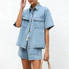 Women’s Denim Two Piece Short Sleeve Shirt and Shorts Set