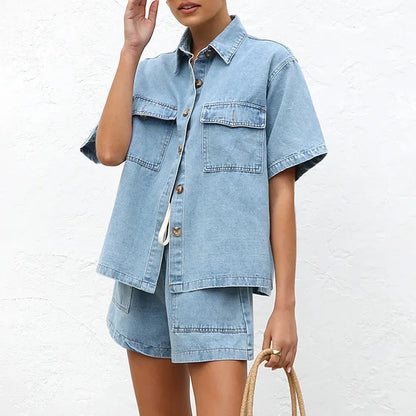 Women’s Denim Two Piece Short Sleeve Shirt and Shorts Set