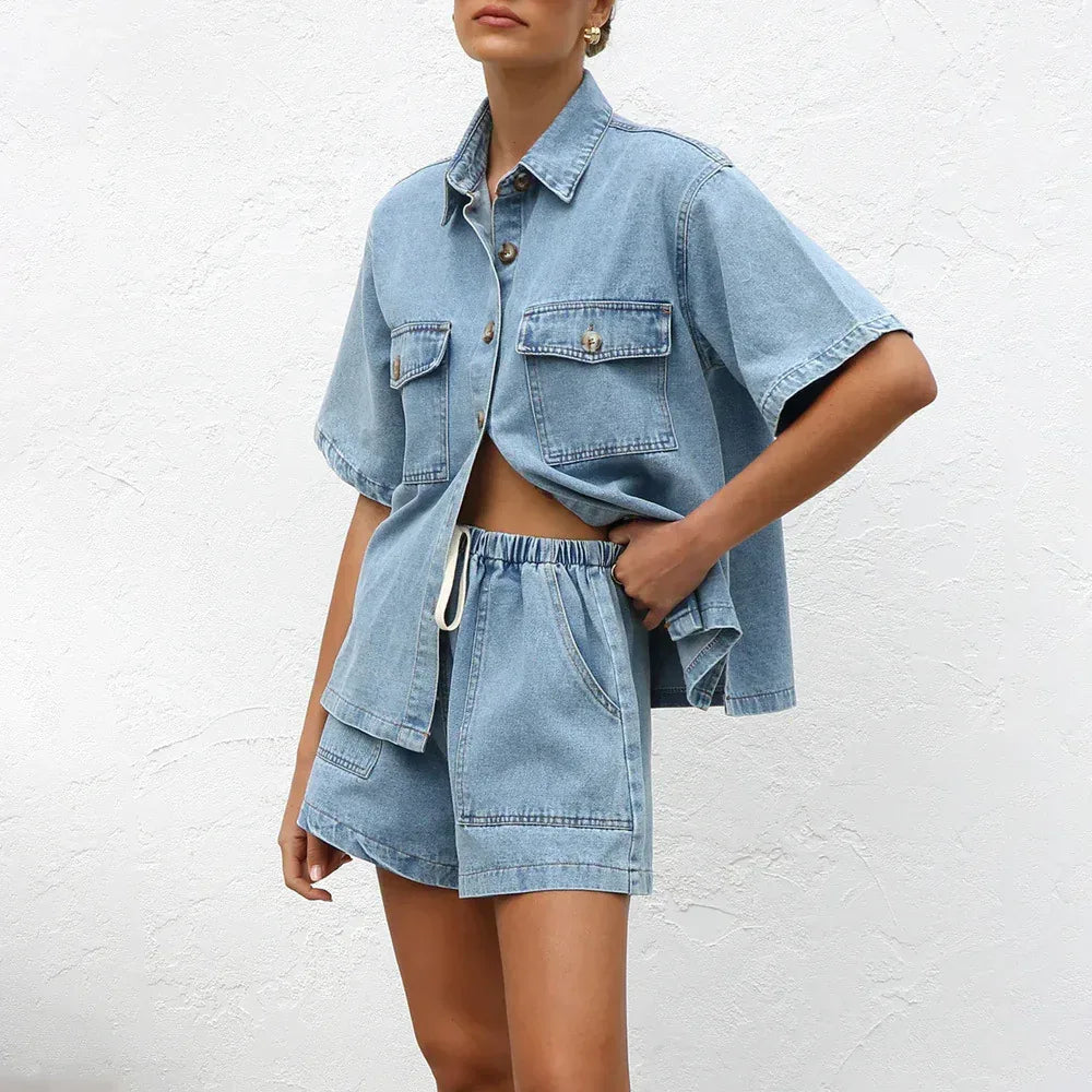 Women’s Denim Two Piece Short Sleeve Shirt and Shorts Set