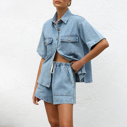 Women’s Denim Two Piece Short Sleeve Shirt and Shorts Set