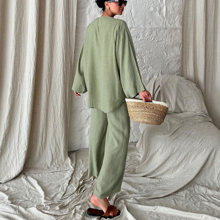 Loose cotton lounge cardigan trousers two piece set
