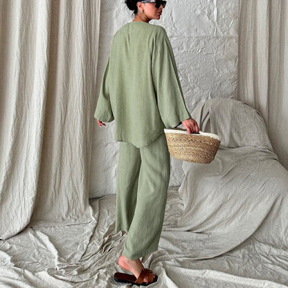 Loose cotton lounge cardigan trousers two piece set