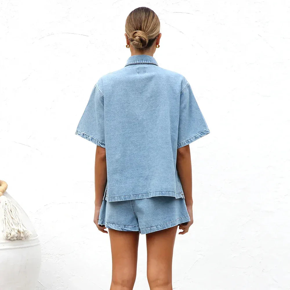 Women’s Denim Two Piece Short Sleeve Shirt and Shorts Set