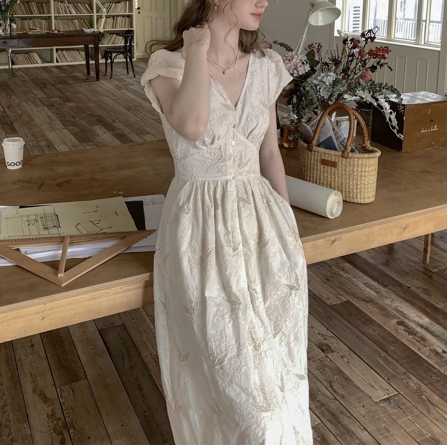 cotton midi dress v neck embroidered summer
