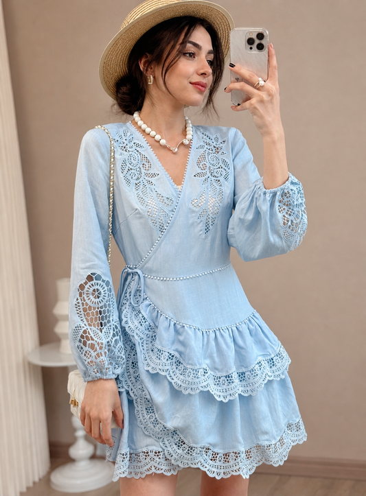 White linen lace v neck resort dress breathable summer mini 1 S