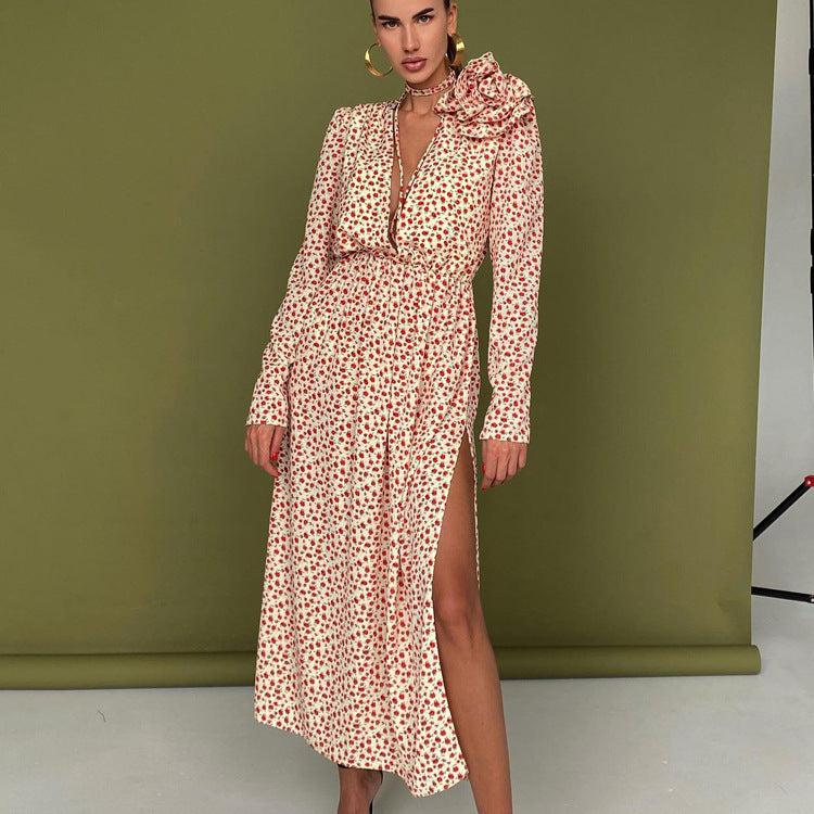 women floral midi dress v neck slit waist tie